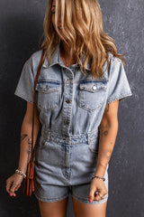 Retro Washed Short Sleeve Rompers Women