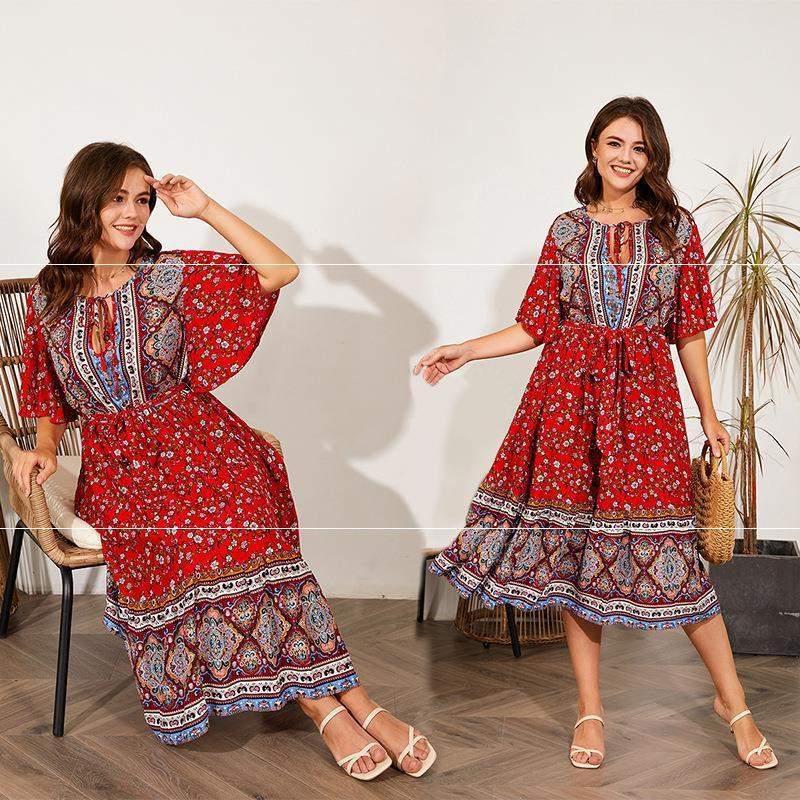 Fat Dresses V Neck Print Beach Dress