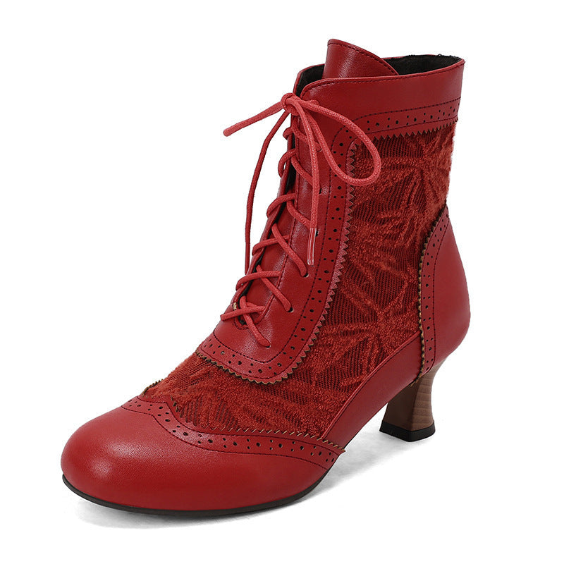 34-50 Plus-Size Lace Patchwork Colorblock Lace-Up Boots