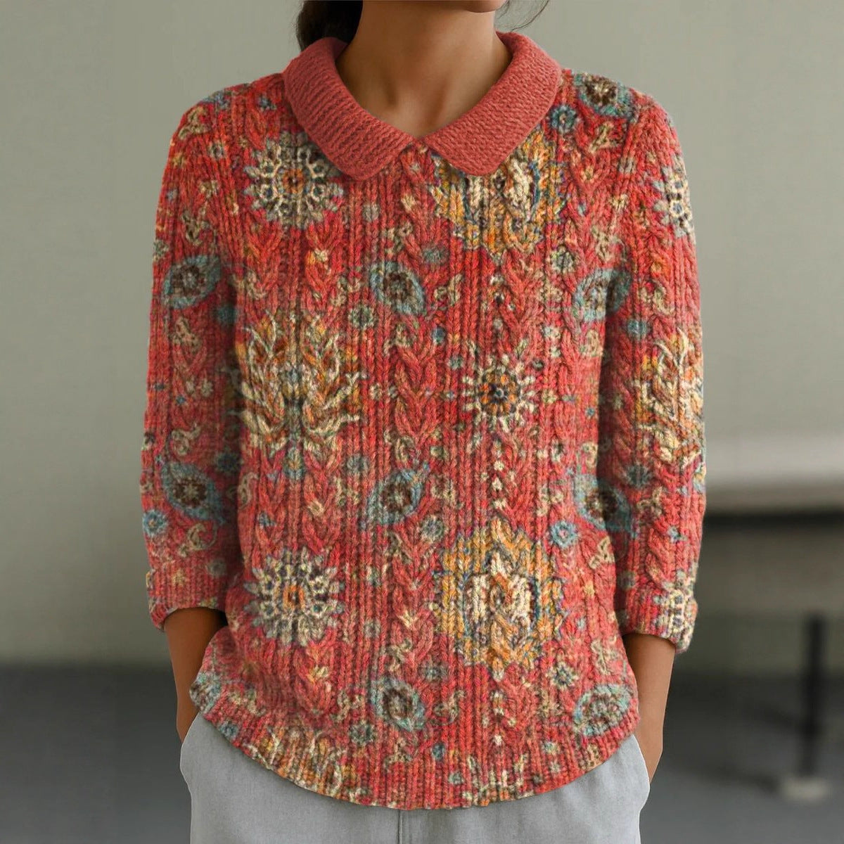 And Doll Collar Knitted Jacquard Fabric French Retro Printed Top