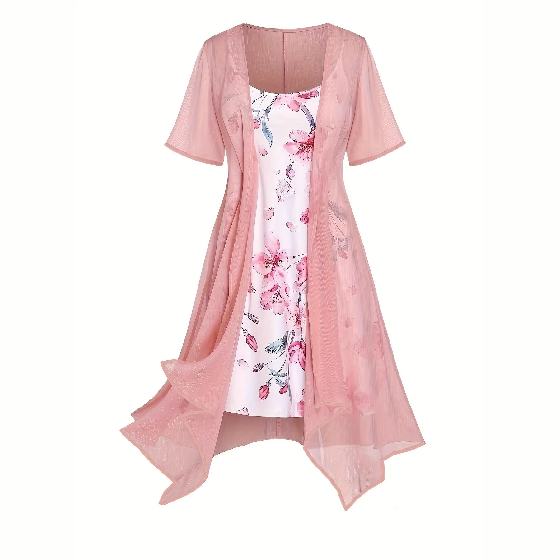 Elegant Two-piece Dress Set, Floral Print Camisole Dress And Short Sleeved Long Jacket