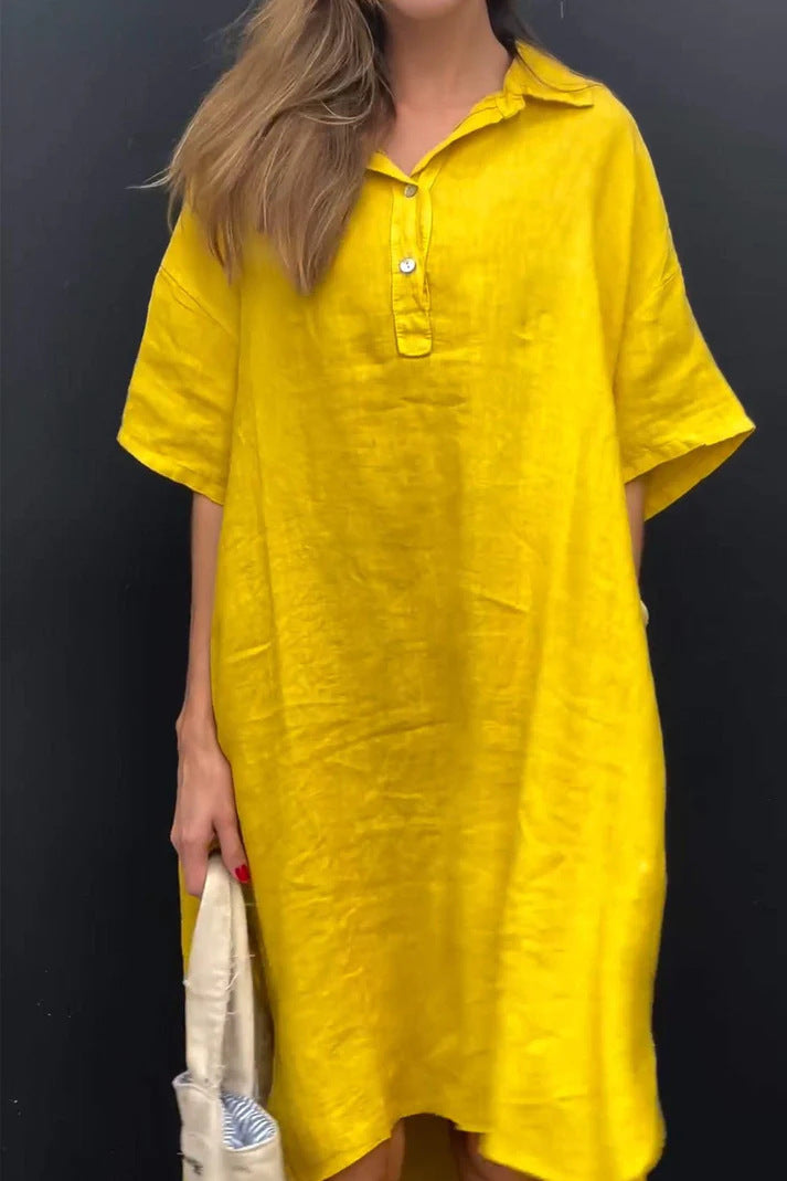 Solid-color Casual Cotton-linen Long Dress With A Turn-down Collar And Buttons
