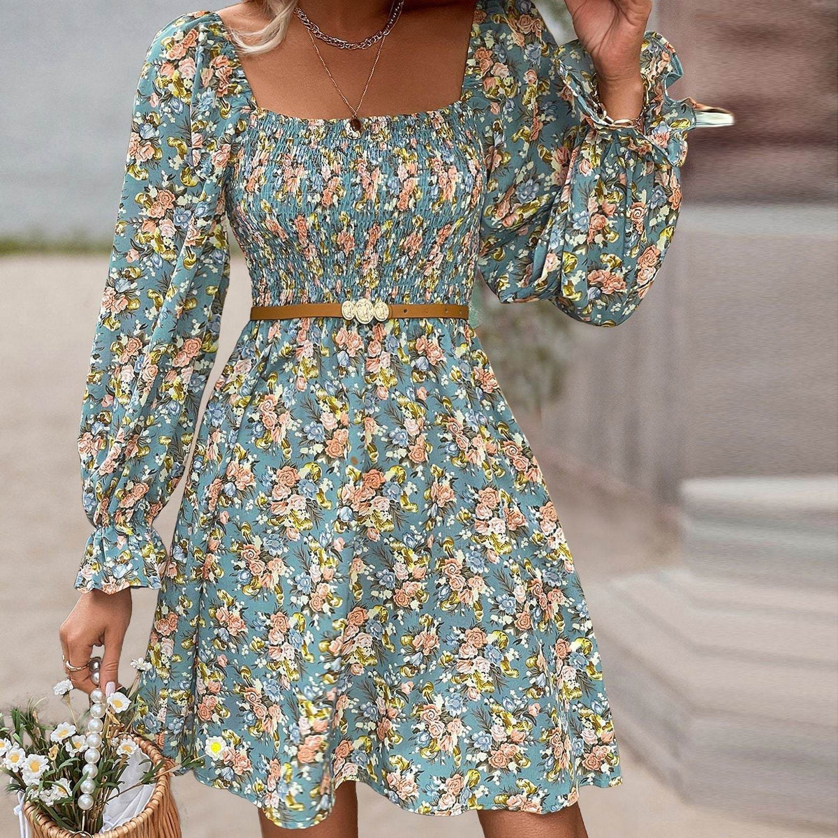 All-match Beach Print Square Collar High Waist Casual Dress