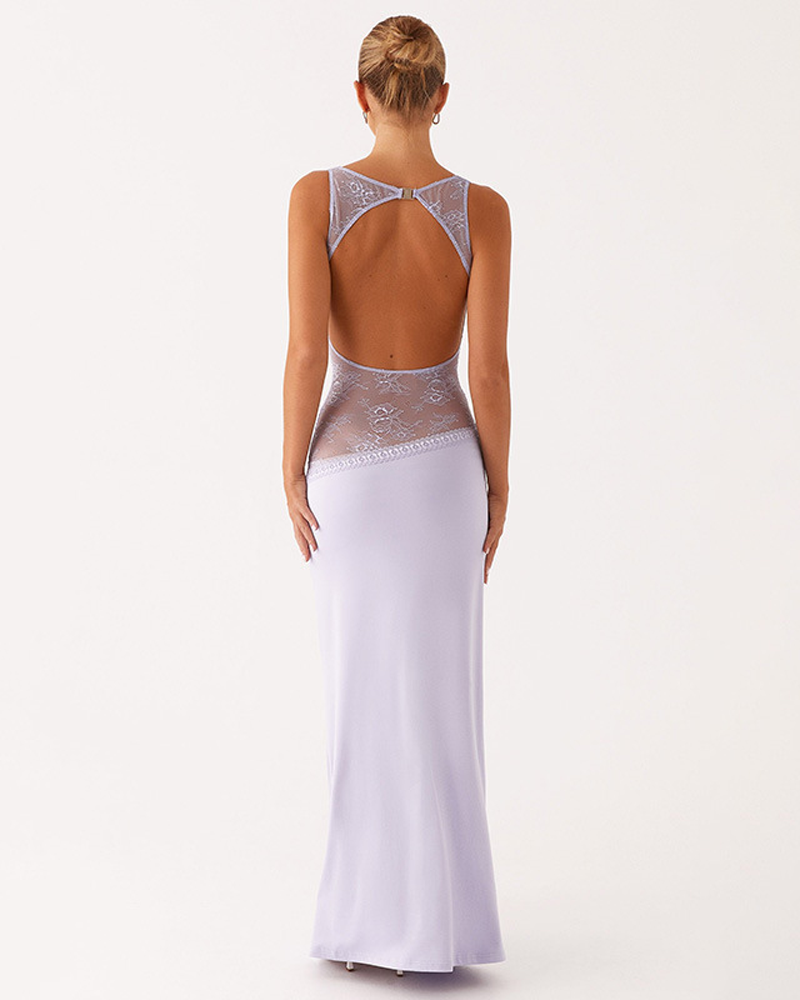 Slim Lace Satin Patchwork Backless Maxi Dress