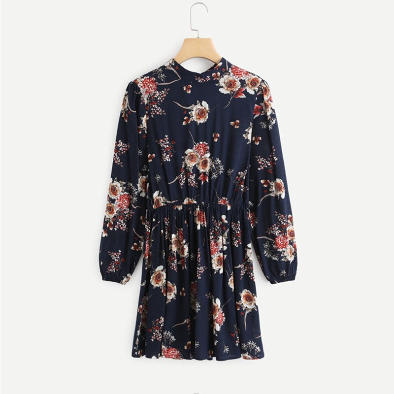 Floral A-Line Dress â€?Elegant Multicolor Long Sleeve High-Waist Tie Neck Dress