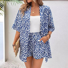 Loose Print Cardigan Suit Women