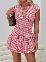 Red Pattern Hollow Out Short Sleeve Dress Women