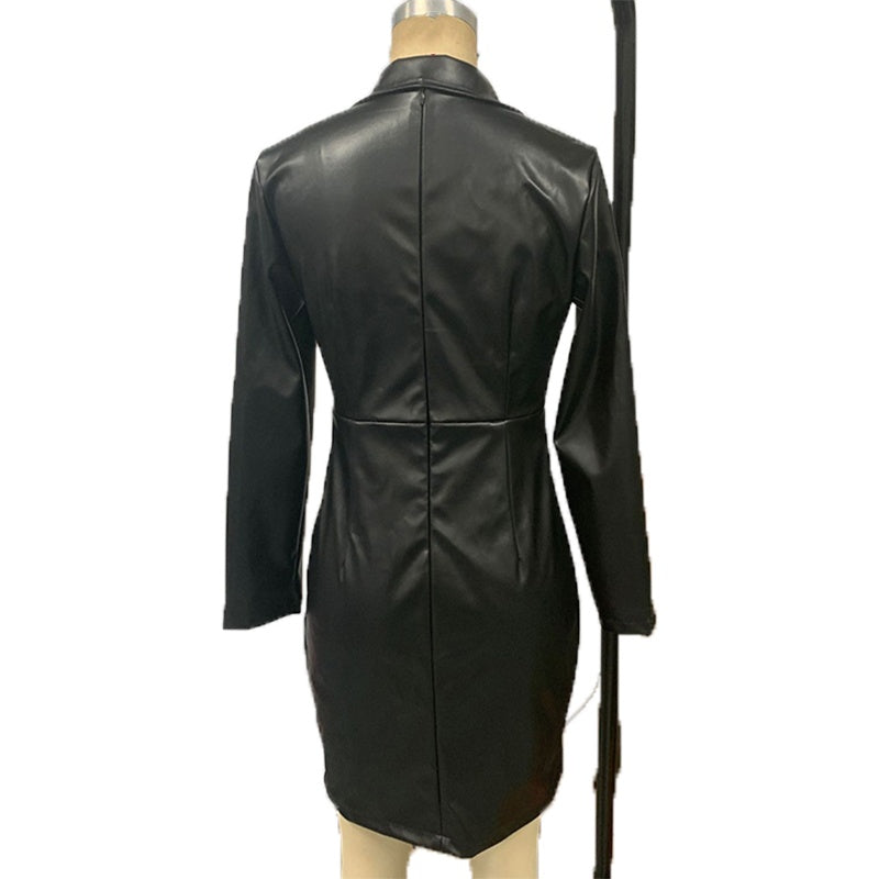 Faux Leather Blazer Dress, Double-Breasted Long Sleeve Midi Dress, Slim Fit Office Bodycon Dress
