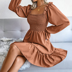 Flared Long Sleeve Dresses Square Neck Ruffled Swing Dress
