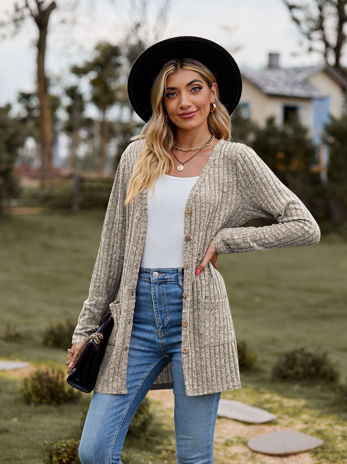 Fall Clothing Sunken Stripe Solid Color Long Sleeve Sweater