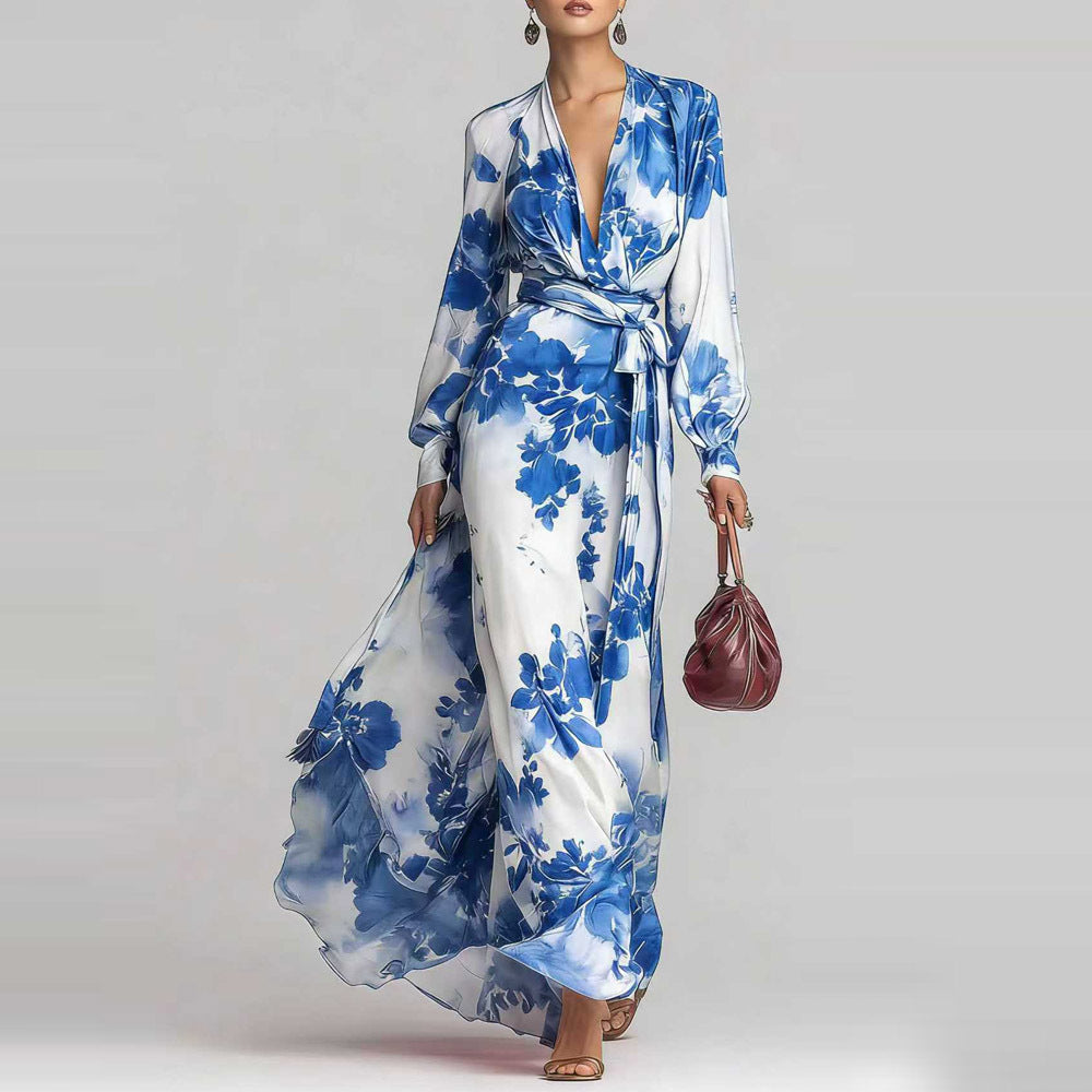 Chiffon Long-sleeve V-neck Lace-up Dress
