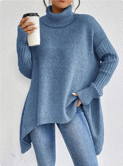 Irregular Turtleneck Sweater Loose Long Sleeve Knitted Tops Leisure Warm Pullover Sweater Clothing