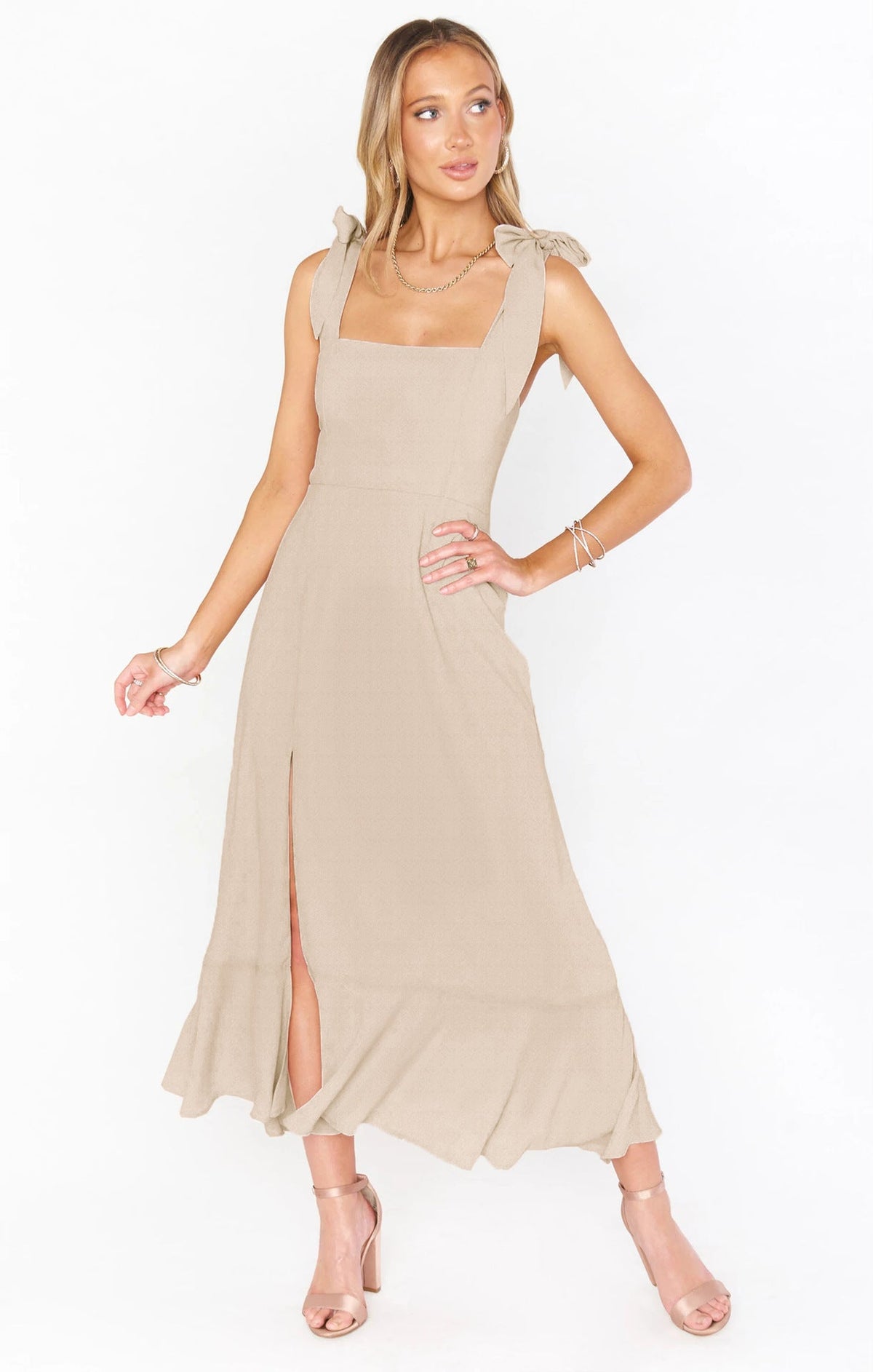 Dresses Elegant Bridesmaid Square Neck Ruffle Split Midi Formal Dress For Wedding Guest Cocktail Party