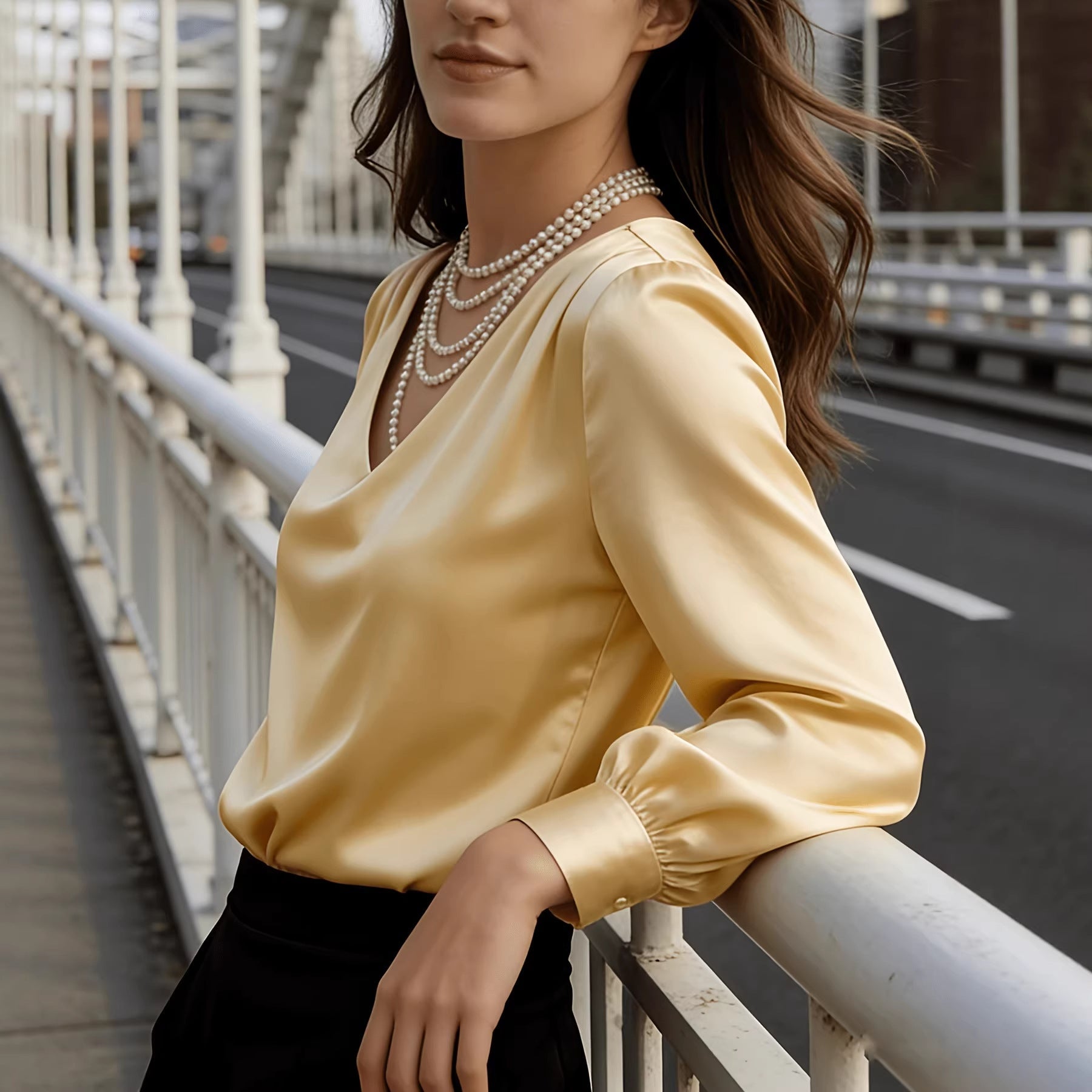 Elegant Solid Color V-neck Long Sleeved Pleated Top With Temperament For Commuting And Loose Fitting Shirt