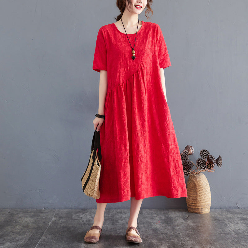 Loose And Simple Jacquard Irregular Large Size Cotton And Linen Dress For Women