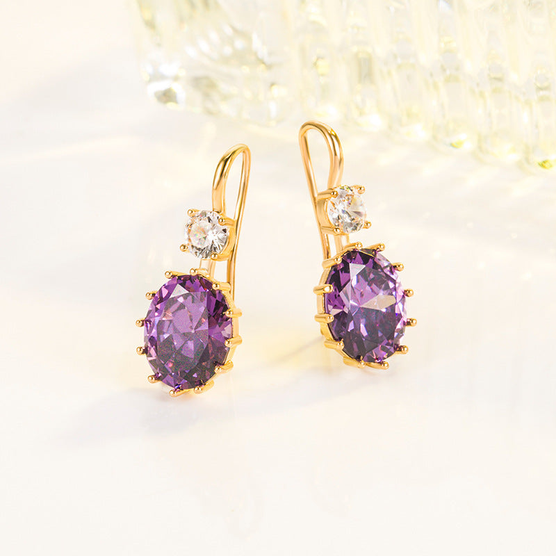 Oval Purple Diamond Zircon 18K Gold Amethyst Earrings