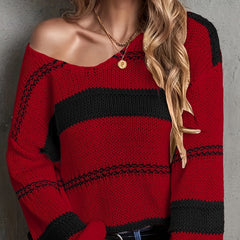 V-collar Contrast Color Striped Knitted Pullover Sweater