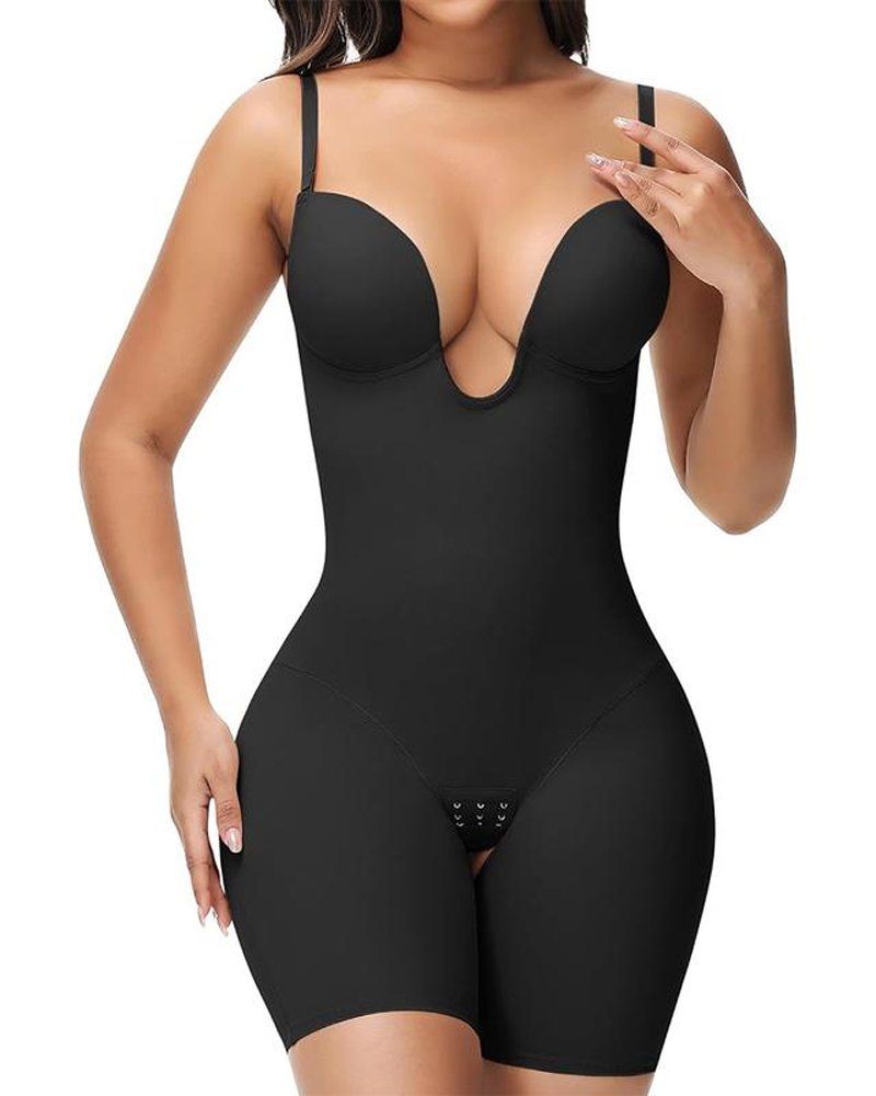 Strapless Deep U-Neck Bodysuit With Tummy Control And Built-In Bra Low Back Shapewear