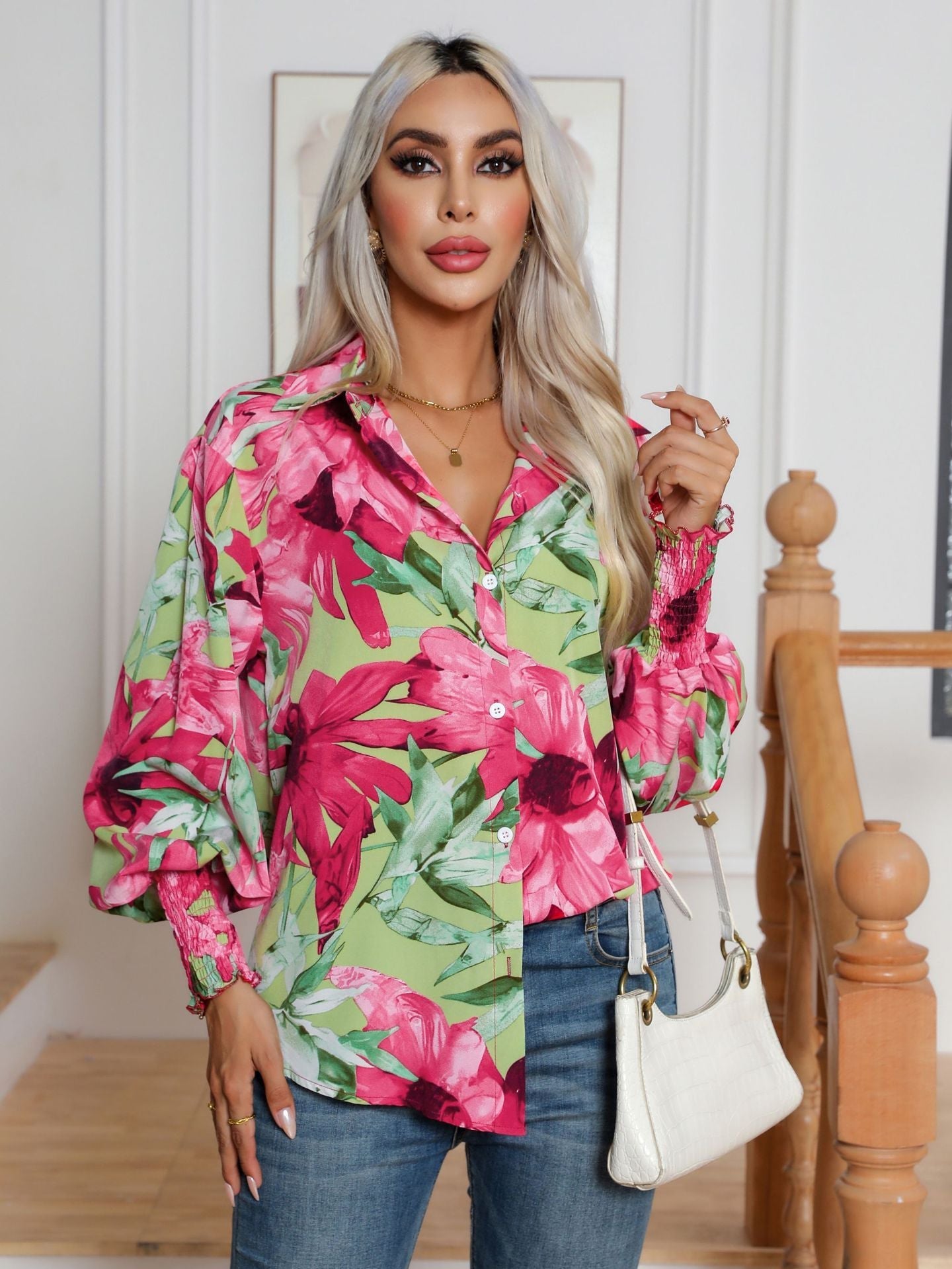 Printing Lantern Sleeve Shirt Women