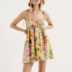 Y2K Flowers Print Suspender Dress Ruffled Holiday Beach Short Dresses Womens Clothing