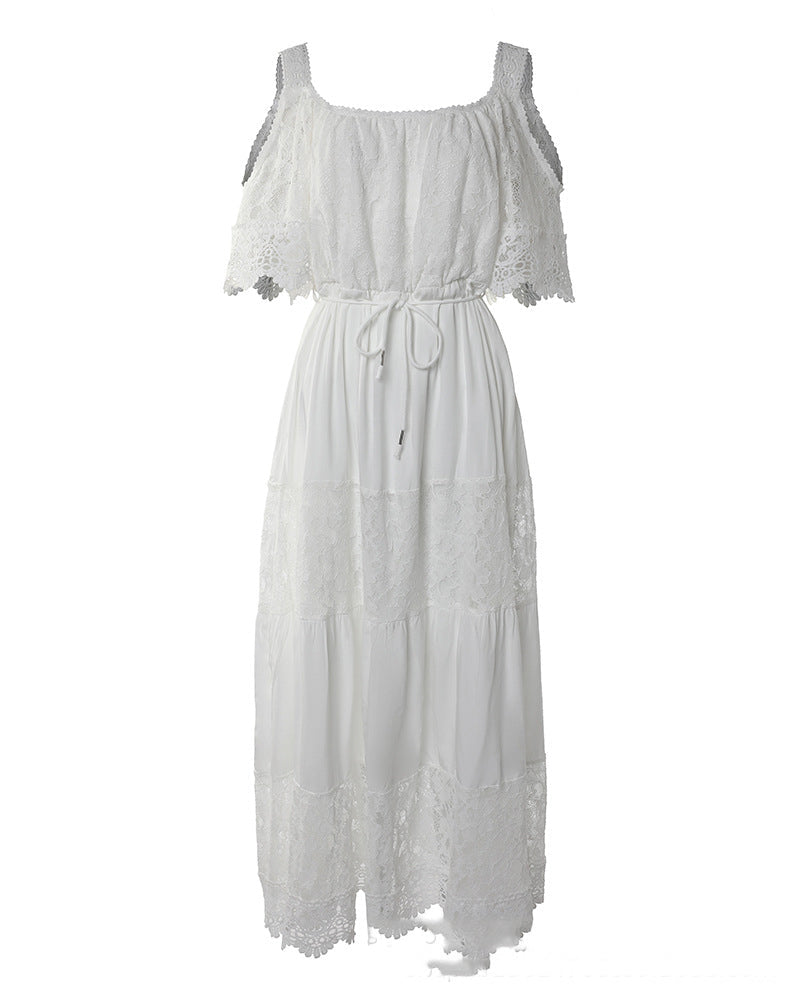 Casual Off-the-shoulder Lace Stitching Cotton And Linen Tied Dress
