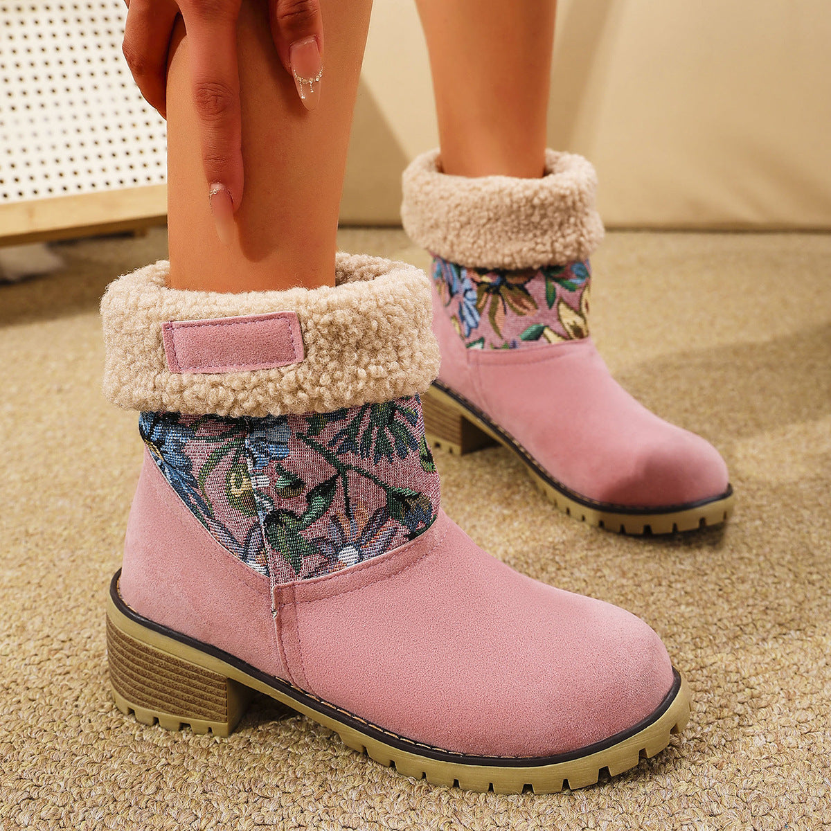 Flowers Embroidered Snow Boots Ethnic Style Platform Thick Square Heel Mid-tube Boot Warm Cotton Shoes For Women
