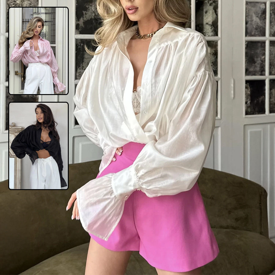 Ins French Lantern Sleeve Shirt Button Lapel Long Sleeved Tops Casual Clothing