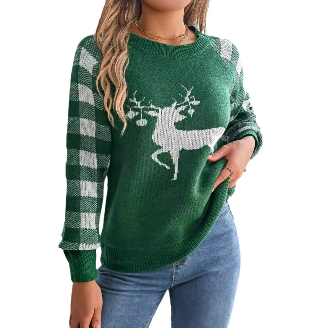 Christmas Casual Plaid Deer Long Sleeve Pullover Sweater