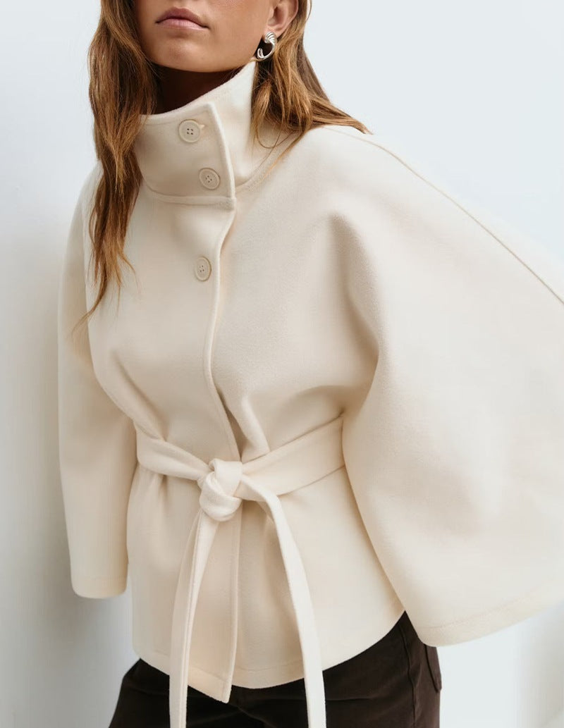 High Neck Batwing Sleeve Coat With Belt Loose Elegant Button Top Trench Coat For Clothing