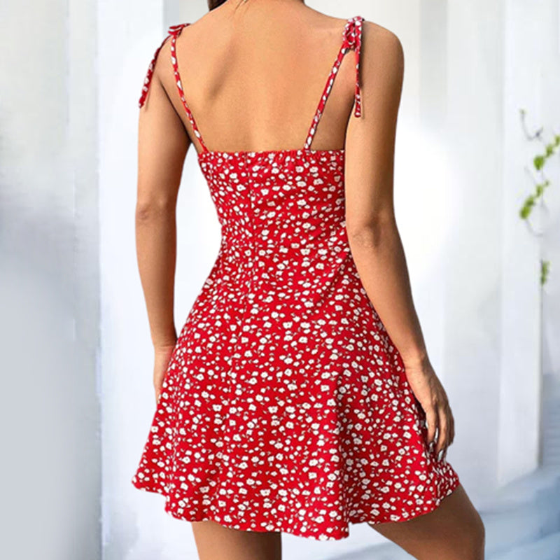 Womens Floral Mini Dress Spaghetti Strap Sleeveless Tie Shoulder Ruffle Boho Dresses