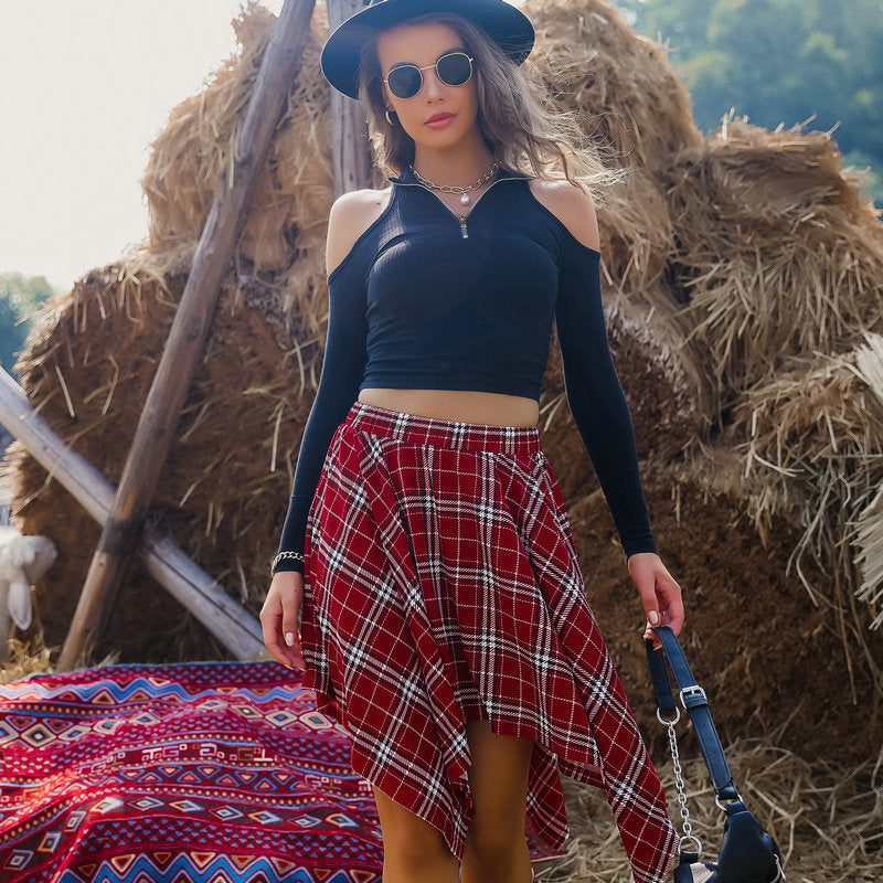 Irregular Hem Black And Red Plaid Punk Style Skirt