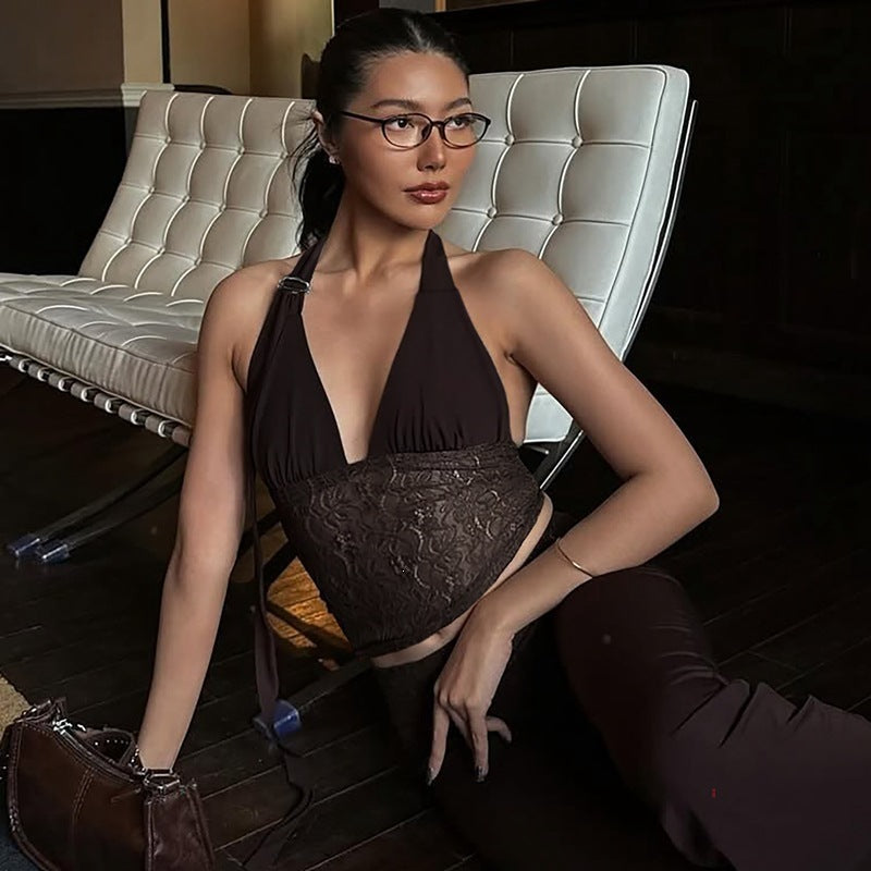 Lace-spliced Deep V-neck Halter Top