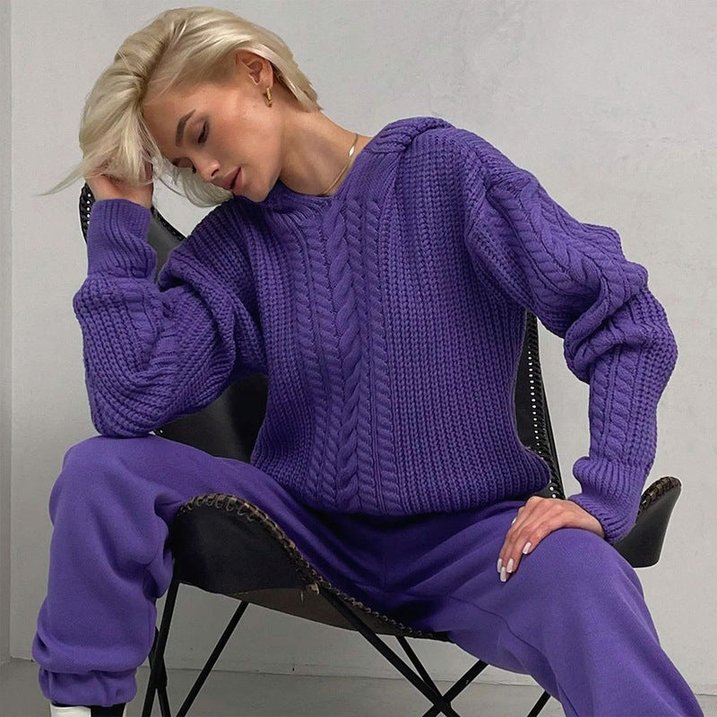 Hooded Long-sleeved Knitted Sweater
