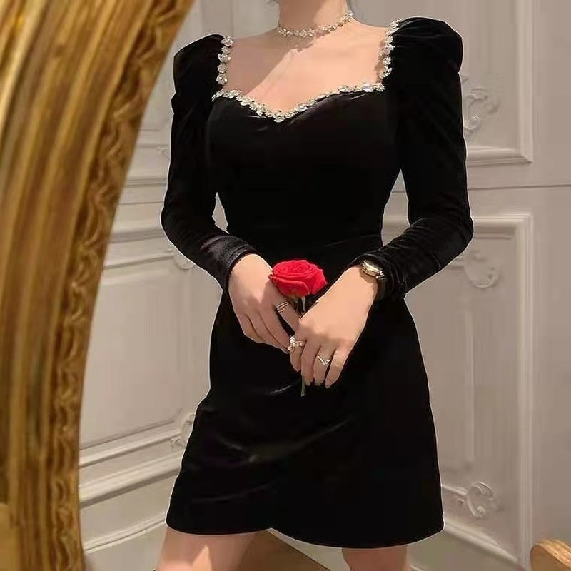 Feminine Self-cultivation Heavy Industry Custom Diamond Retro Red Velvet Dress