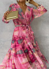 Long-sleeved Floral Print Dress Elegant V-neck Pleated High-waisted Big Swing Chiffon Maxi Dresses For Clothing