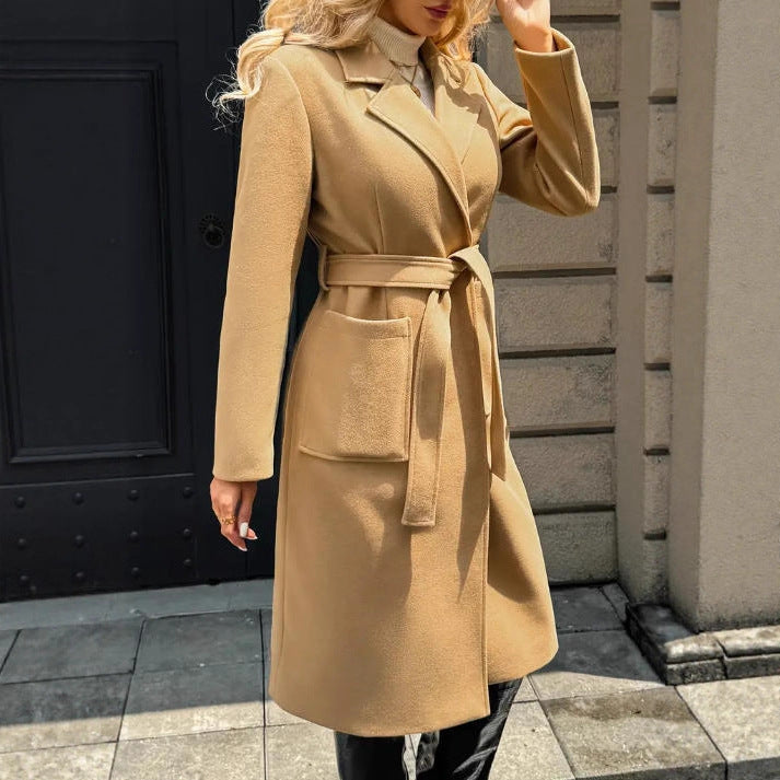 Woolen Simple Lace Waist-tied Coat