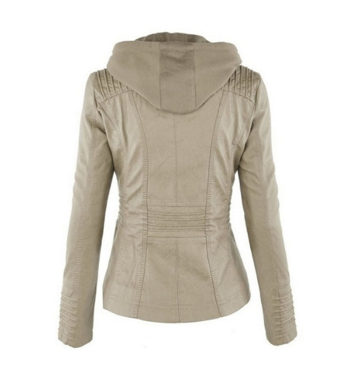 Detachable Hooded Jacket With Pockets Casual Solid Color Zipper Long Sleeve Leather Coat Clothing