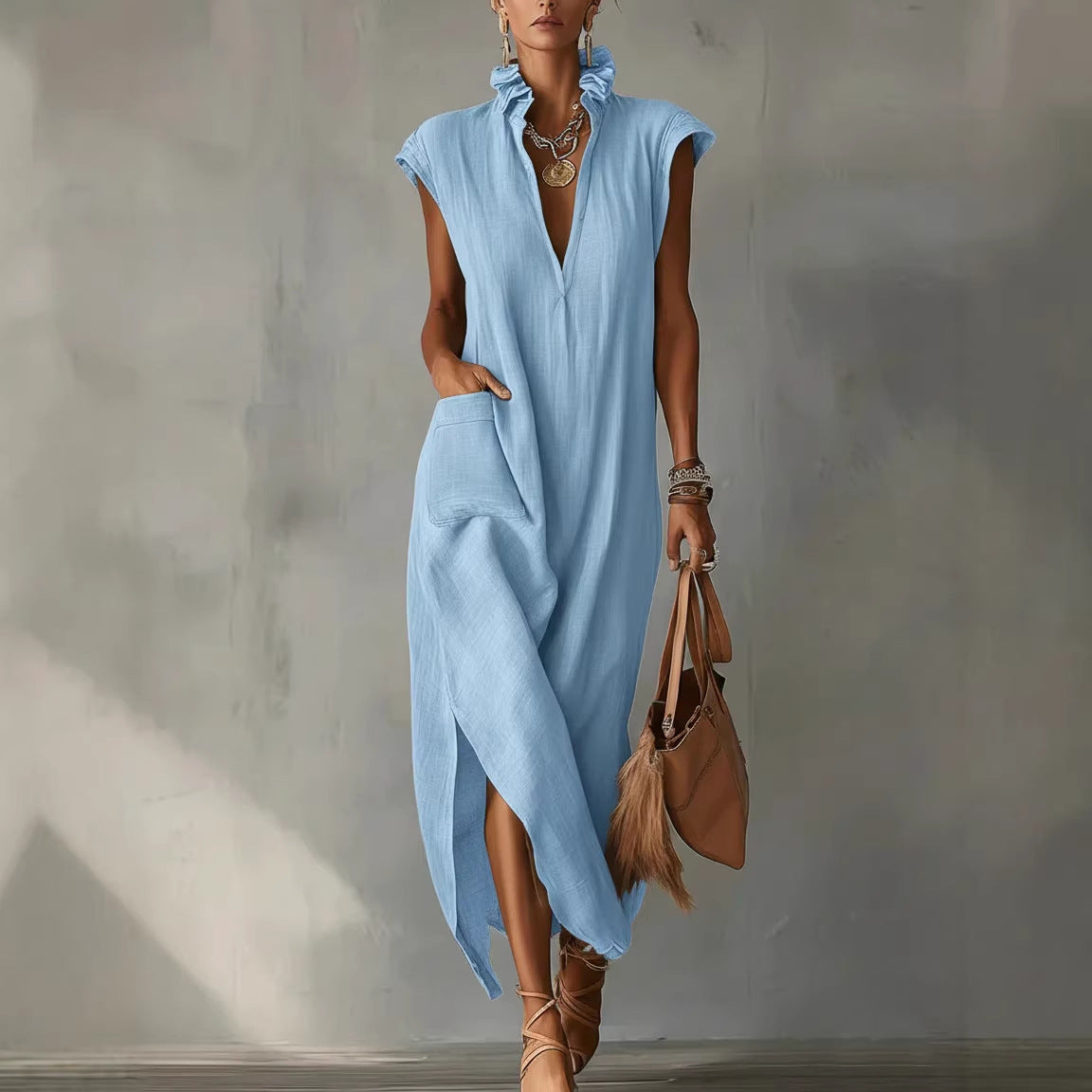 Cotton-Linen Sleeveless Solid-Color Dress