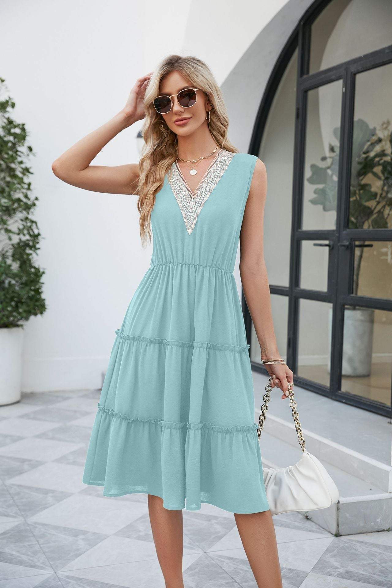 V-neck Dresses Sleeveless Pleated Ruffle Elegant Dress Beach Summer