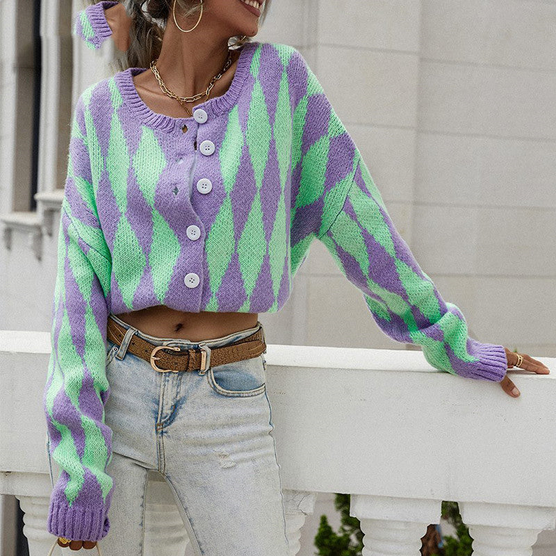 Sweater Single-breasted Printed Round Neck Knitted Cardigan Jacket