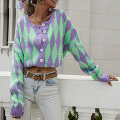 Sweater Single-breasted Printed Round Neck Knitted Cardigan Jacket