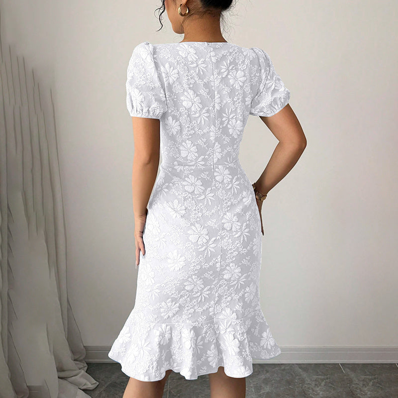 Floral Jacquard Dress Short Puff Sleeve Crew Neck Ruffle Hem Bodycon Dresses