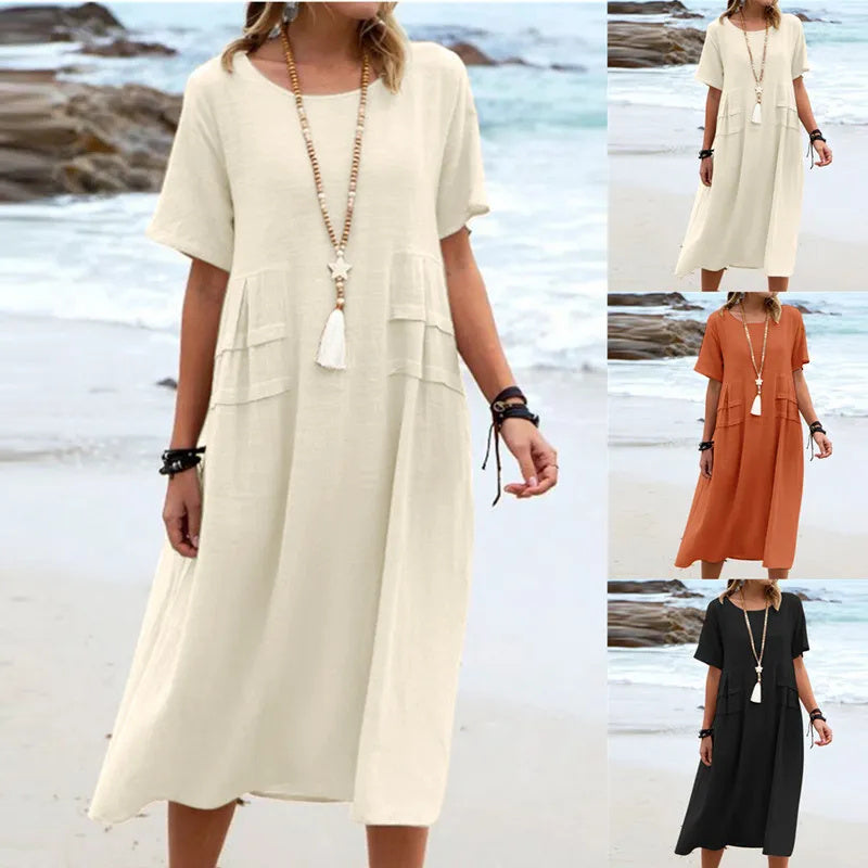 Cotton Linen Midi Dress â€?Loose Fit, Breathable, Casual Beach Style