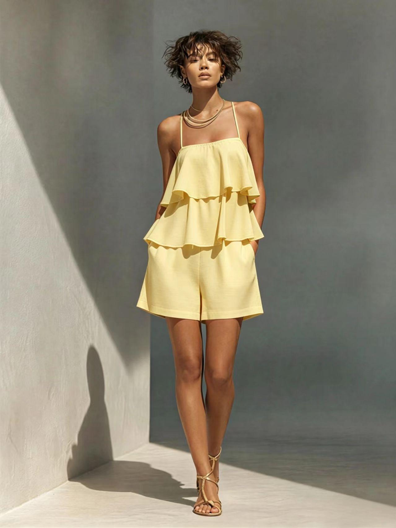 Multi-layer Ruffle Loose Camisole And Shorts Set