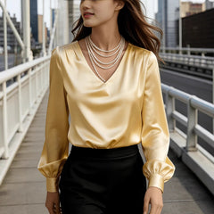 Elegant Solid Color V-neck Long Sleeved Pleated Top With Temperament For Commuting And Loose Fitting Shirt