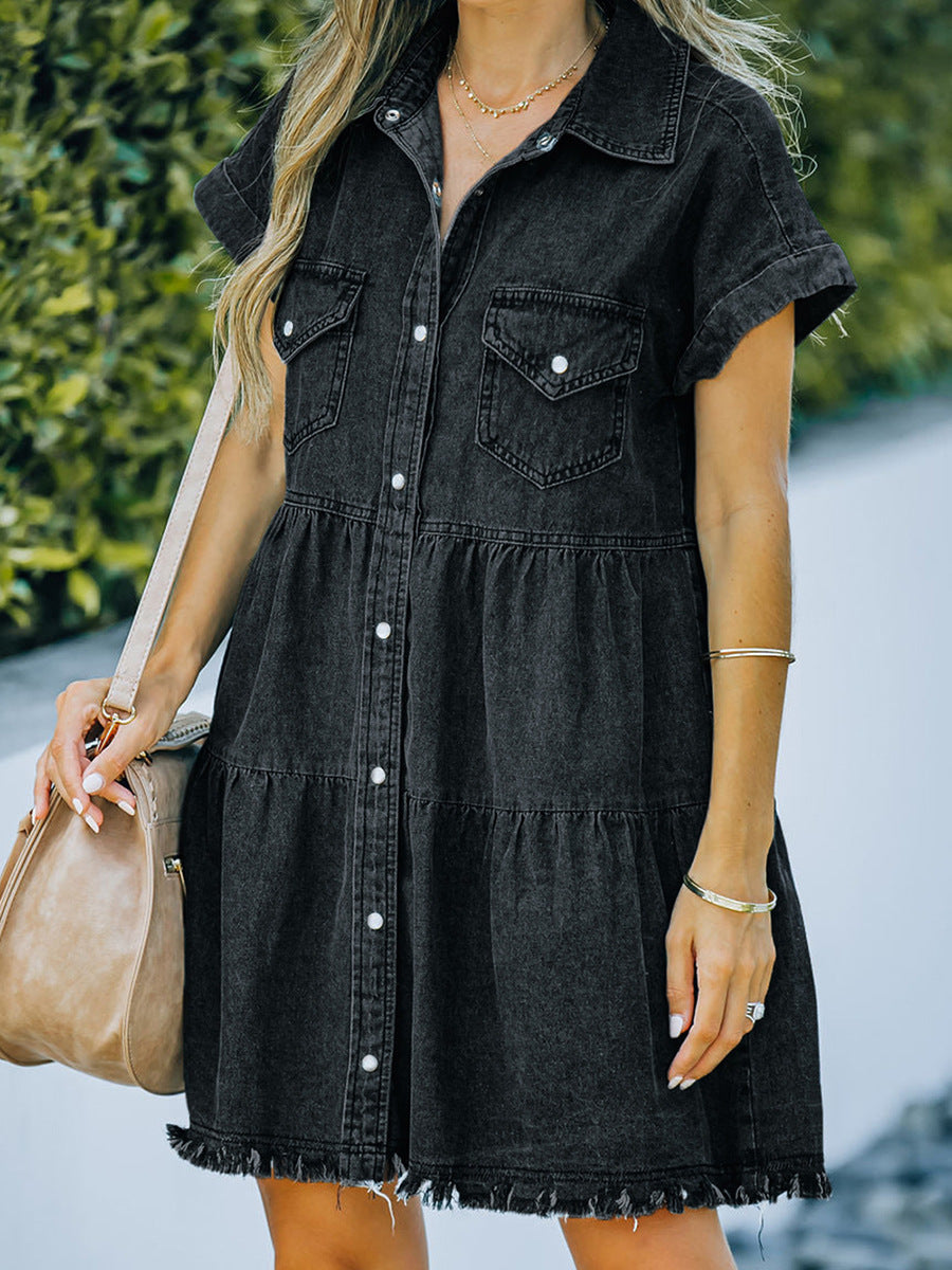 Washed Denim Dress Loose Single-breasted Casual Dress
