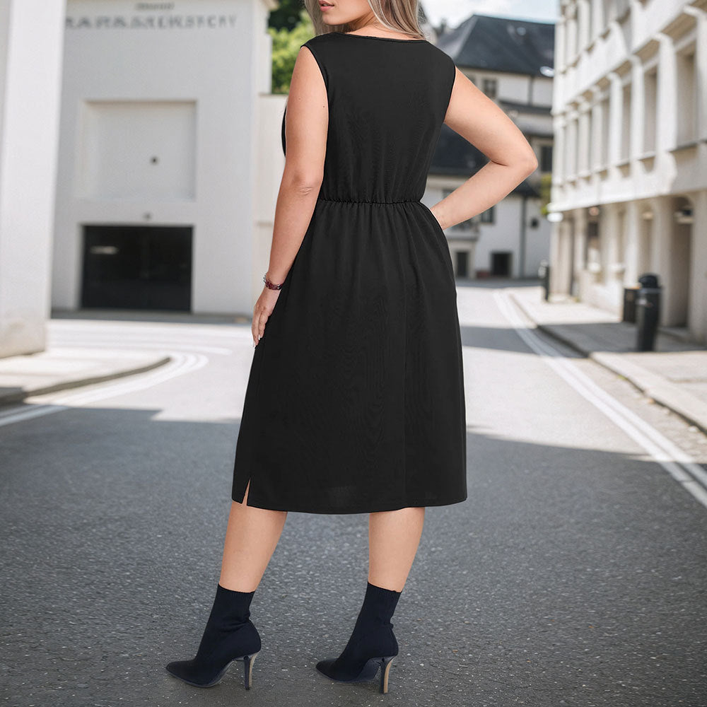 Sleeveless Cross-Collared Waist-Cinching Black Elegant Commuter Midi Dress