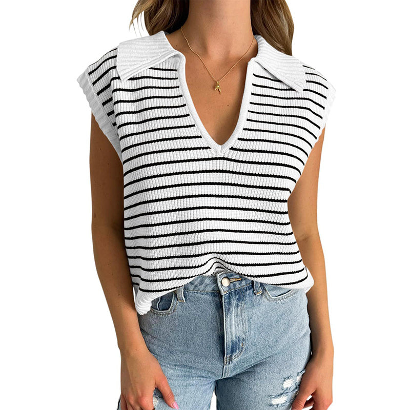 V Neck Cap Sleeve Sweater Vest Sleeveless Collared Striped Knit Tank Tops
