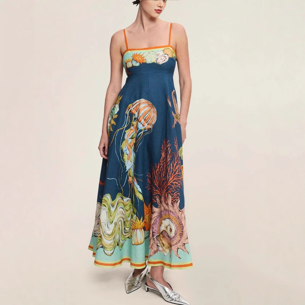 High-waisted Cotton-linen Printed Camisole Casual Dress