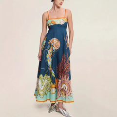 High-waisted Cotton-linen Printed Camisole Casual Dress